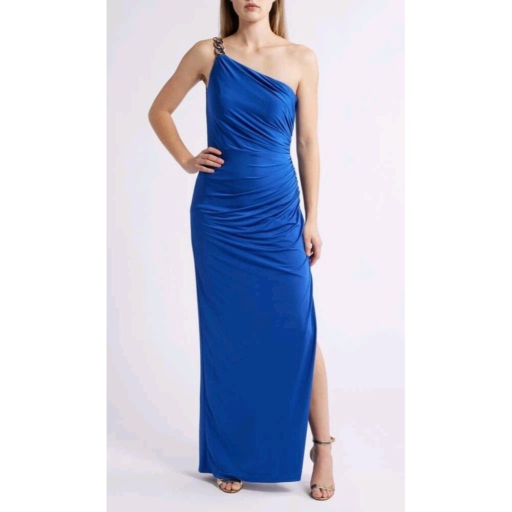 Sz 4 - Vince Camuto Ruched Chain Detail One-shoulder Gown In Cobalt